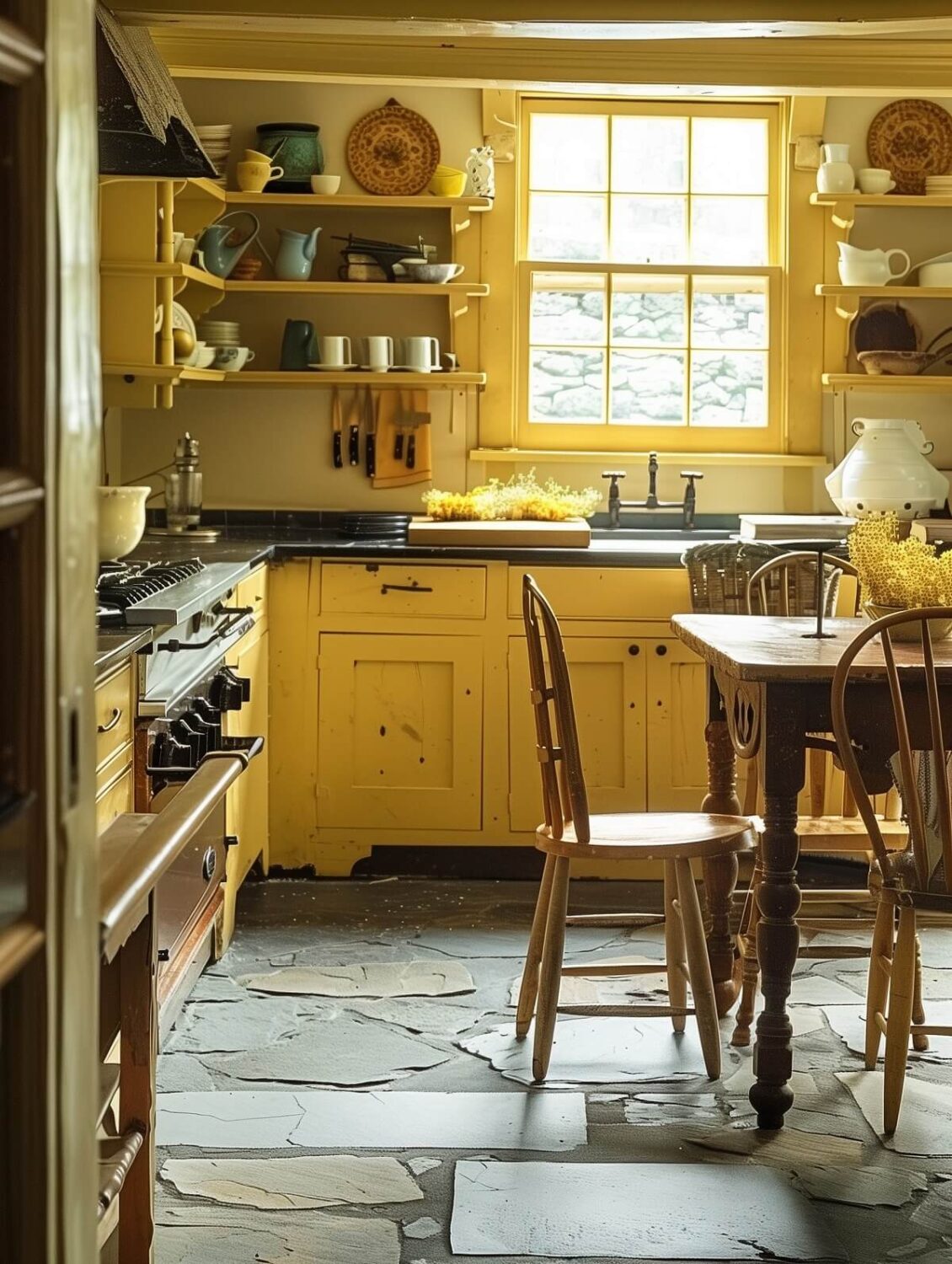 yellow cottage kitchen with farmhouse table and stone floor nordroom