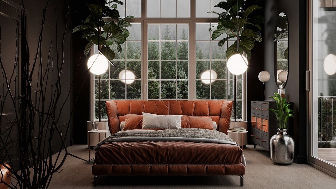 dark plant filled bedroom window nordroom1 A Plant-Filled Bedroom with Eye-Catching Arched Window