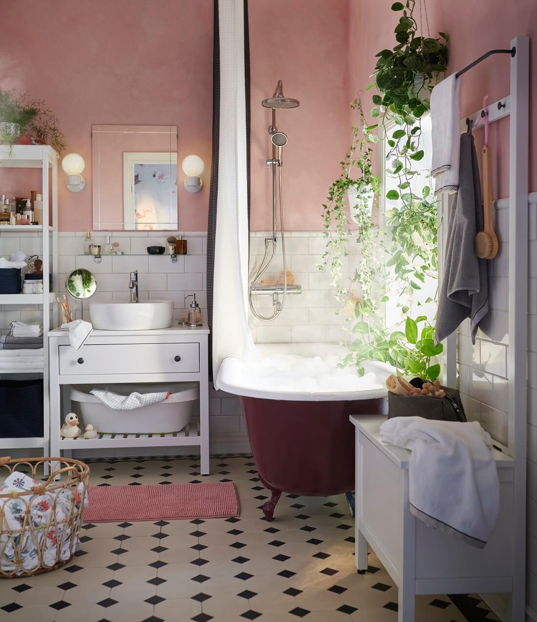 bathroom soft pink walls black clawfoot bath ikea