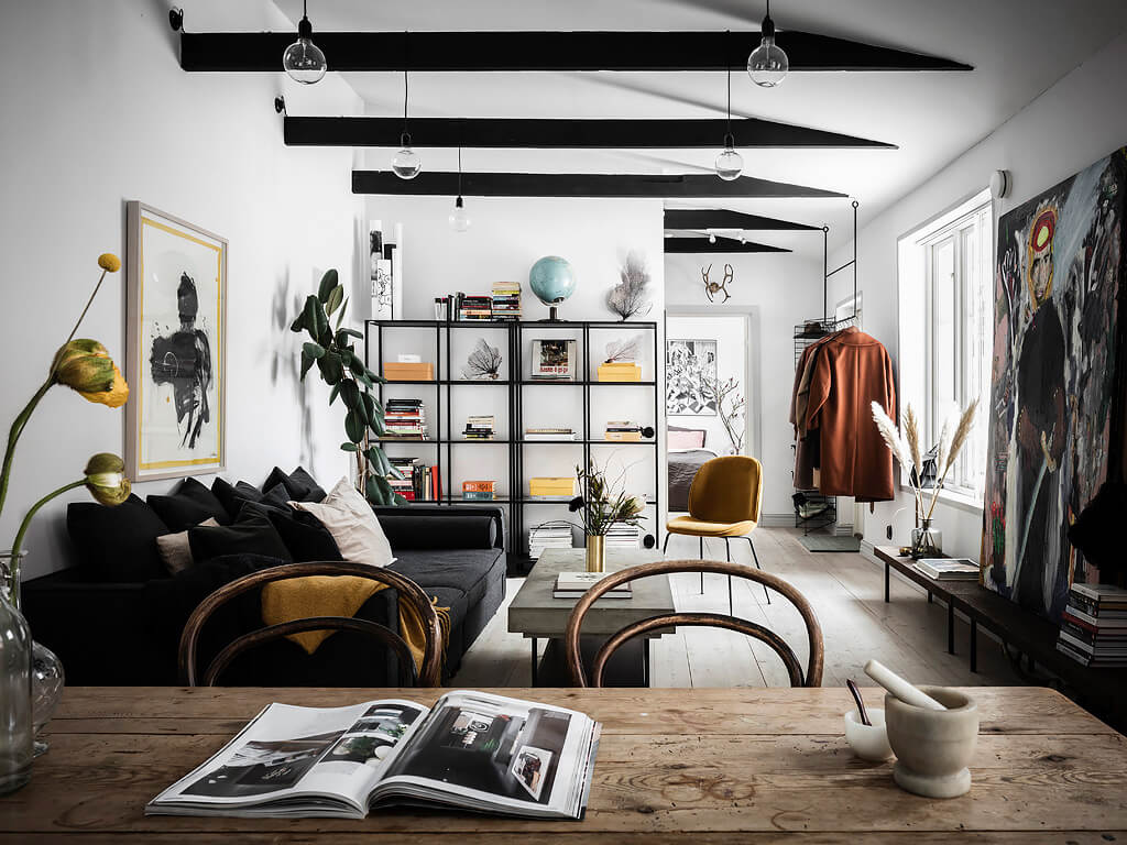 A Cool Scandinavian Apartment with Exposed Beams