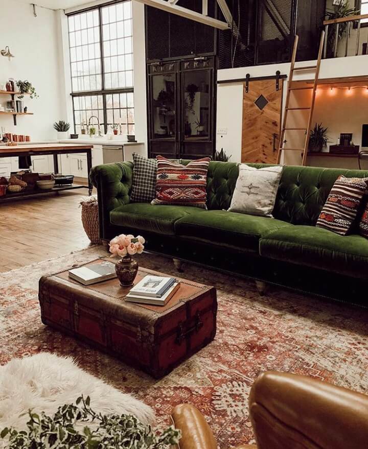 A Vintage Industrial Barn Home With A Beautiful Green Velvet Sofa 3 vintage industrial barn house nordroom2 A Vintage Industrial Barn Home With A Beautiful Green Velvet Sofa
