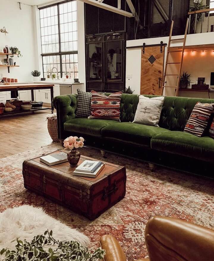 vintage industrial barn house nordroom2 A Vintage Industrial Barn Home With A Beautiful Green Velvet Sofa