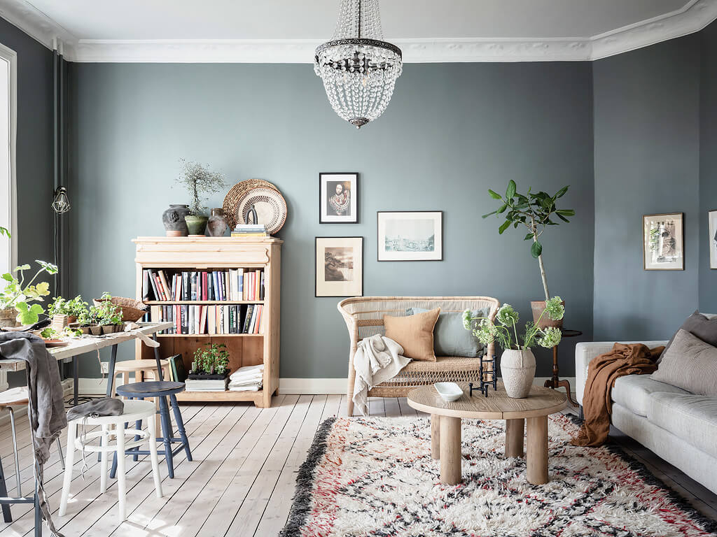 small blue scandinavian apartment nordroom A Charming Swedish Apartment with Blue Walls and Plants