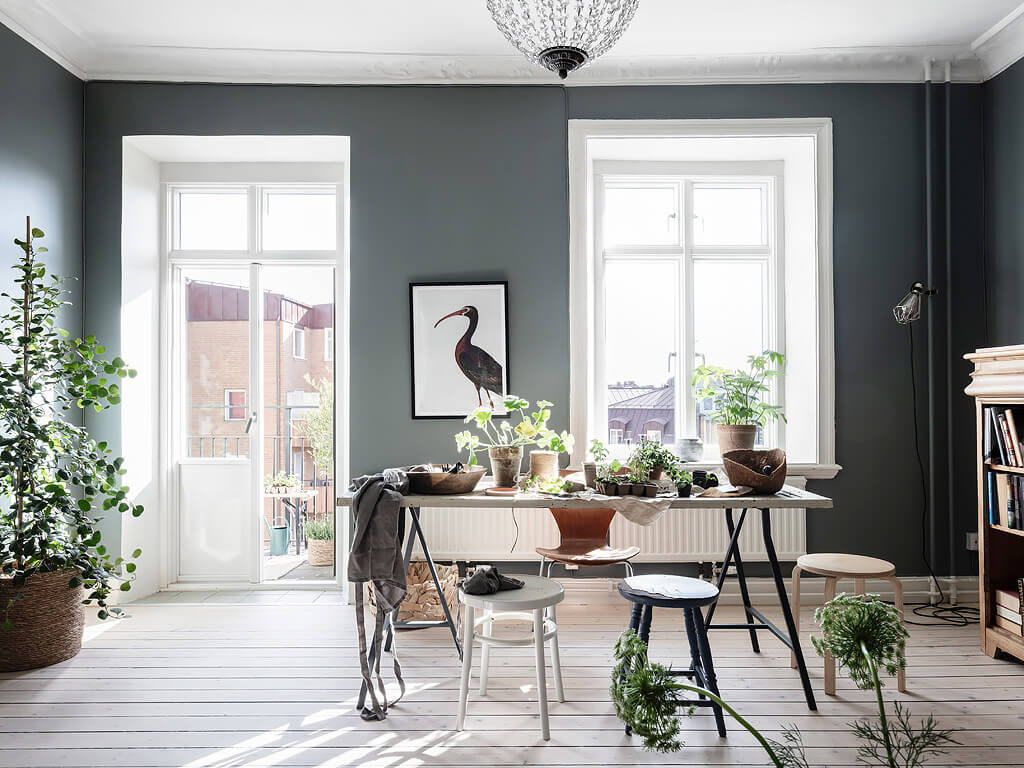 small blue scandinavian apartment nordroom3 A Charming Swedish Apartment with Blue Walls and Plants