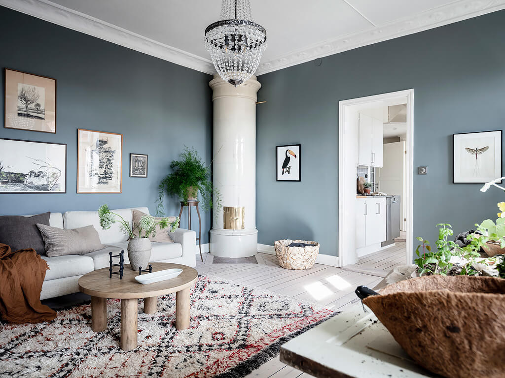 small blue scandinavian apartment nordroom5 A Charming Swedish Apartment with Blue Walls and Plants