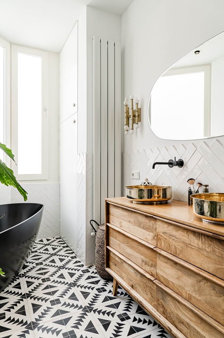 bathroom with black and white geometric floor tiles nordroom