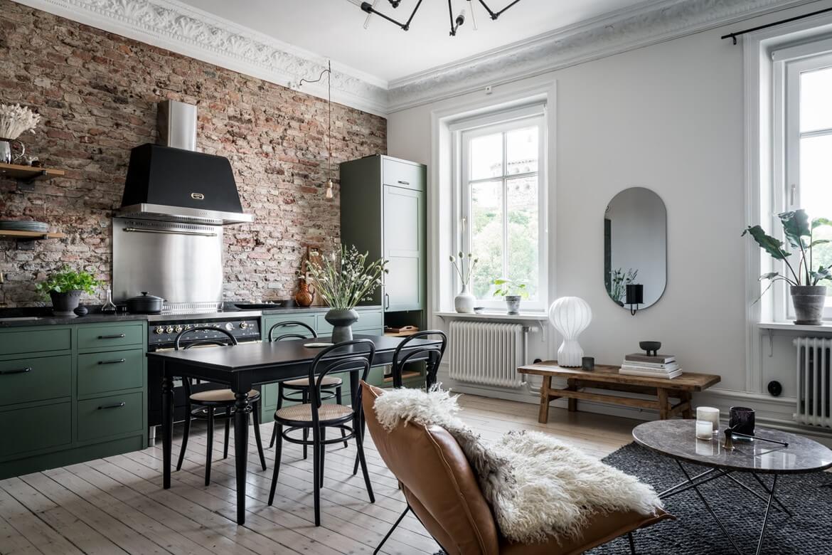 TheNordroom A Swedish Apartment With A Green Kitchen And Exposed Brick