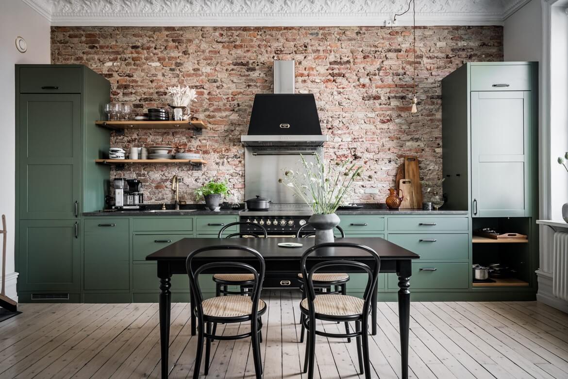 TheNordroom ASwedishApartmentWithAGreenKitchenandExposedBrick1 2 A Swedish Apartment With A Green Kitchen And Exposed Brick