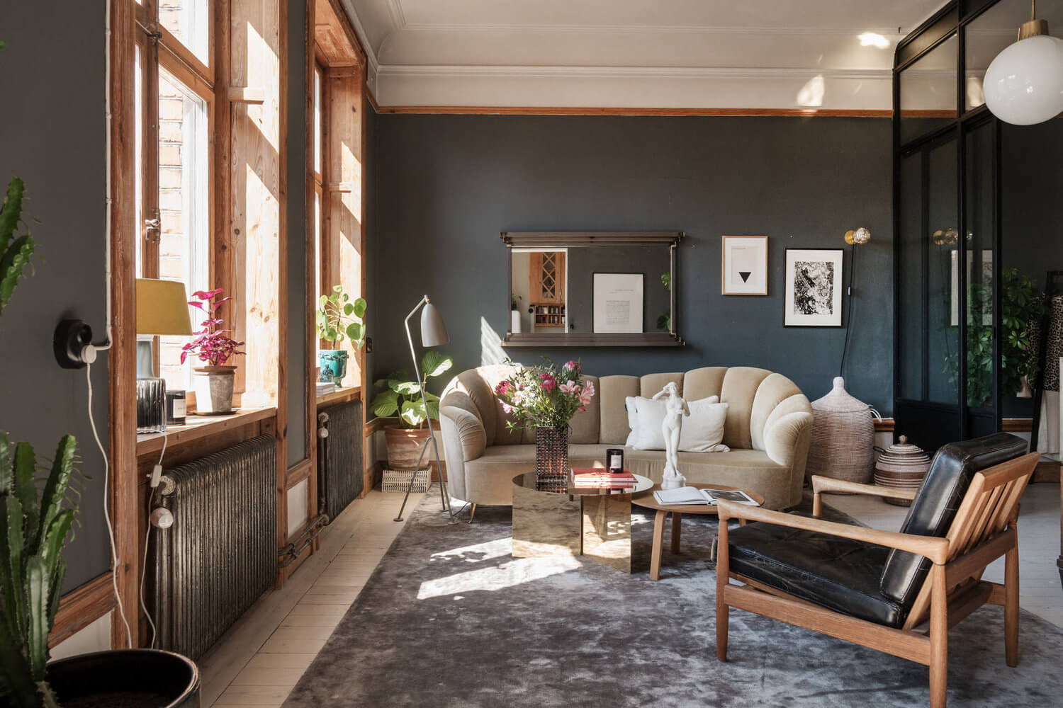 dark gray walls exposed wood living room