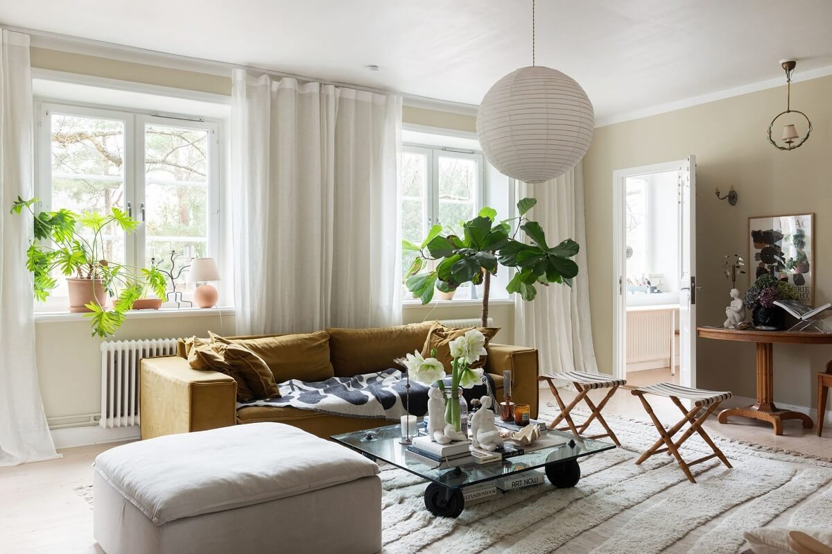 living room A Stockholm Apartment with Bohemian and Natural Touches