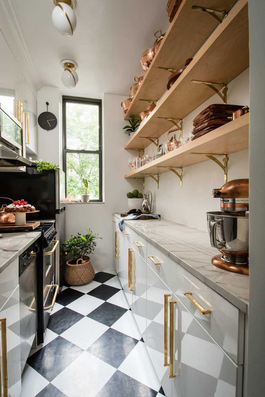 small-galley-kitchen-vinyl-floor-tiles-checkerboard-open-shelves