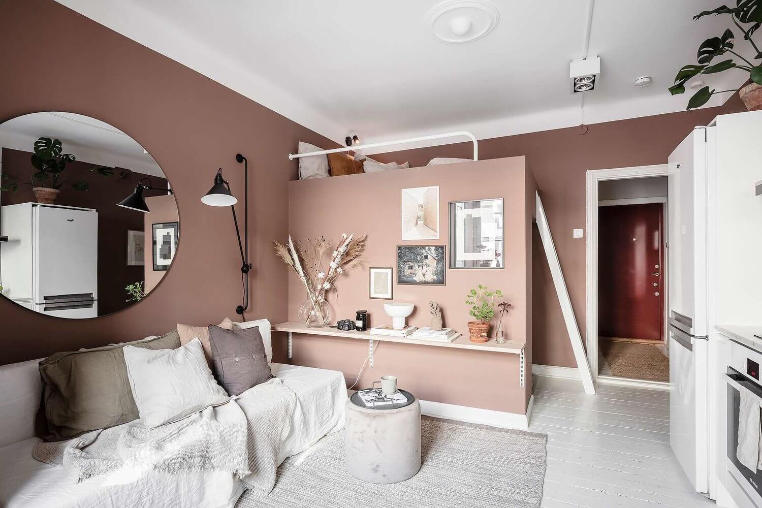 pink studio apartment loft bed walk in closet nordroom6 A Tiny Pink Studio Apartment with Loft Bed and Walk in Closet