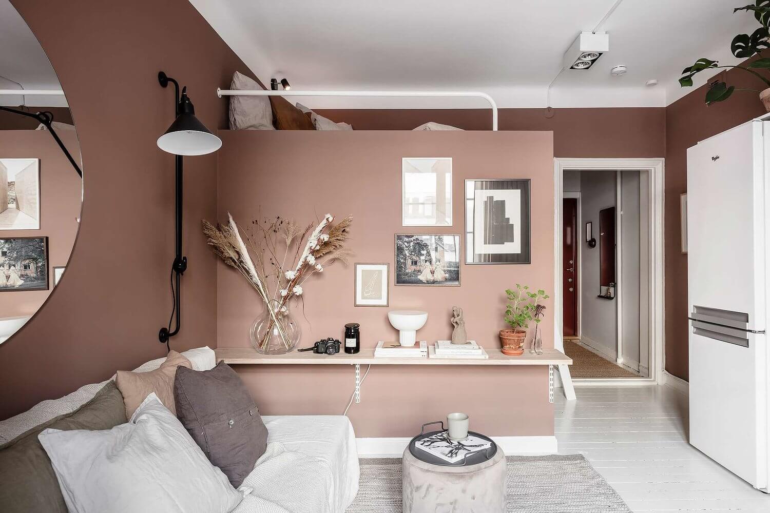 pink studio apartment loft bed walk in closet nordroom9 A Tiny Pink Studio Apartment with Loft Bed and Walk in Closet