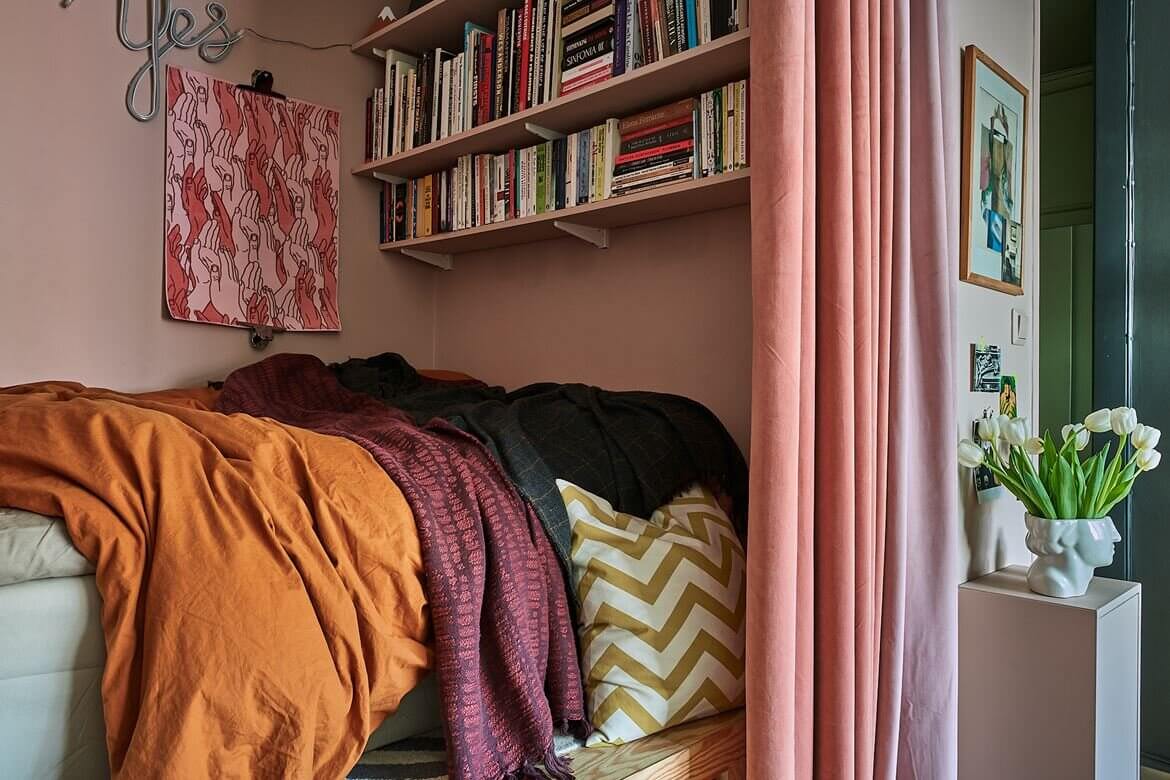 scandinavian studio apartment colorful bed nook nordroom8 A Scandinavian Studio Apartment with a Colorful Bed Nook