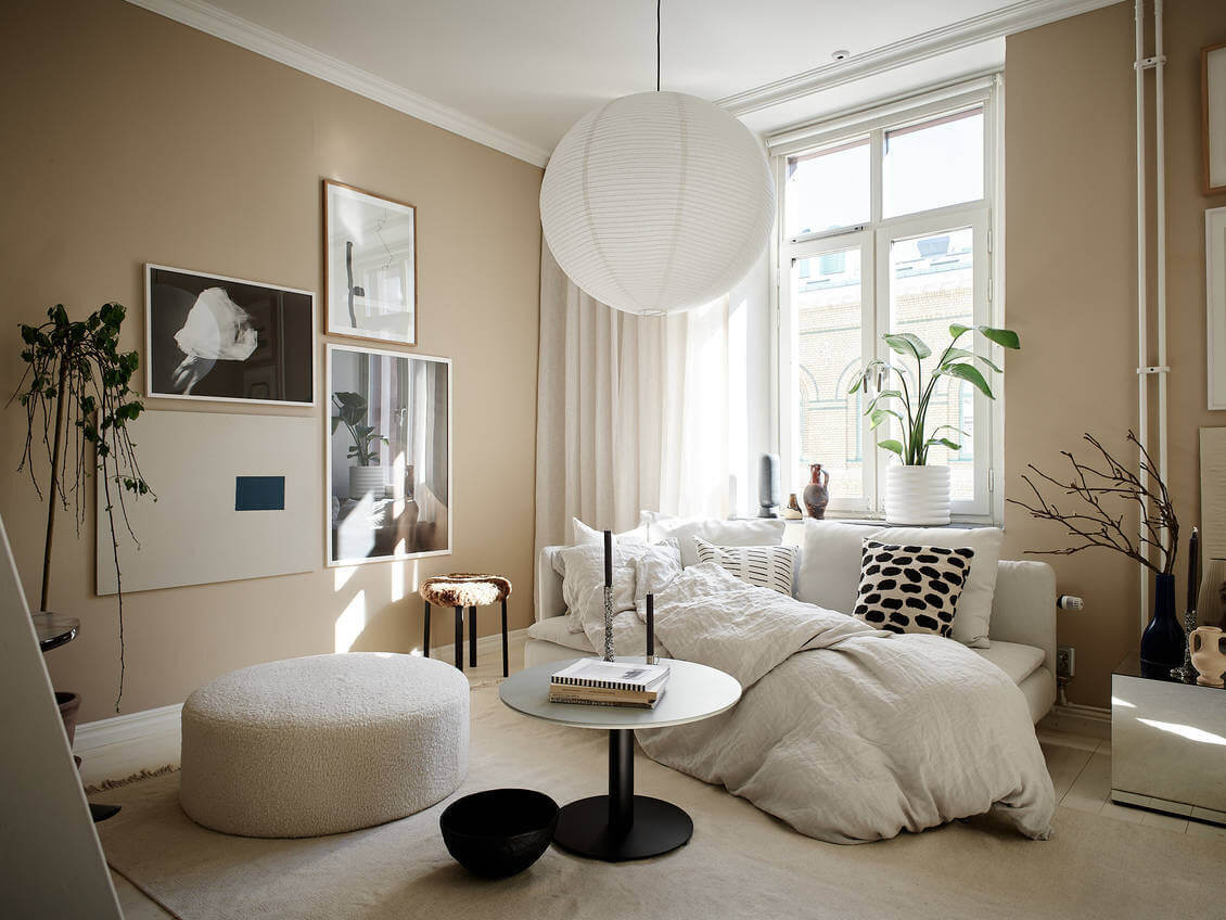 A Sand Colored Studio Apartment with Loft Bed