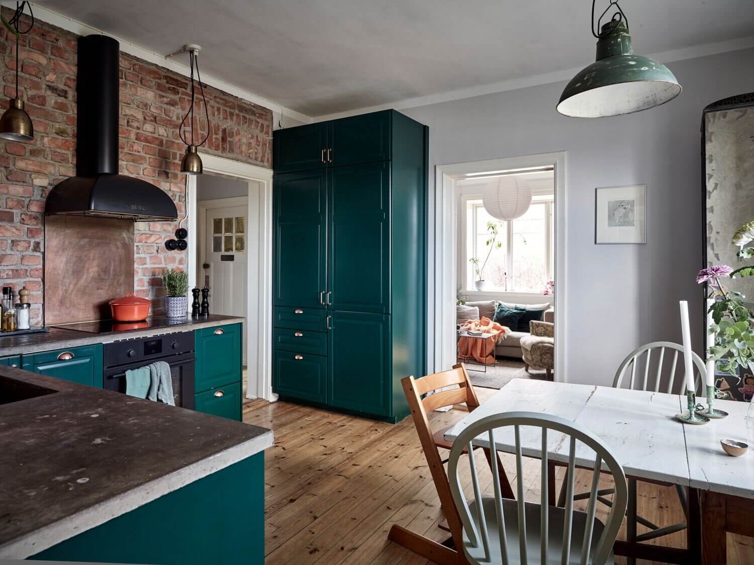 AGreenKitchenwithExposedBrickinaScandiApartment TheNordroom5 A Green Kitchen with Exposed Brick in a Scandi Apartment