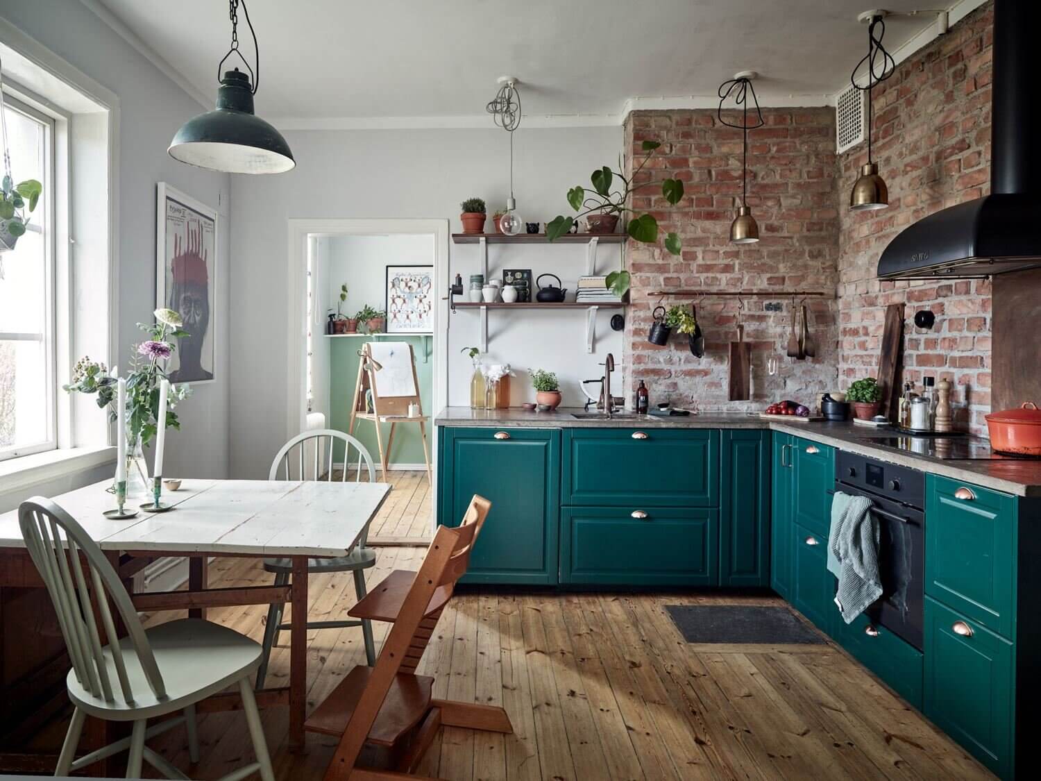 AGreenKitchenwithExposedBrickinaScandiApartment TheNordroom6 A Green Kitchen with Exposed Brick in a Scandi Apartment