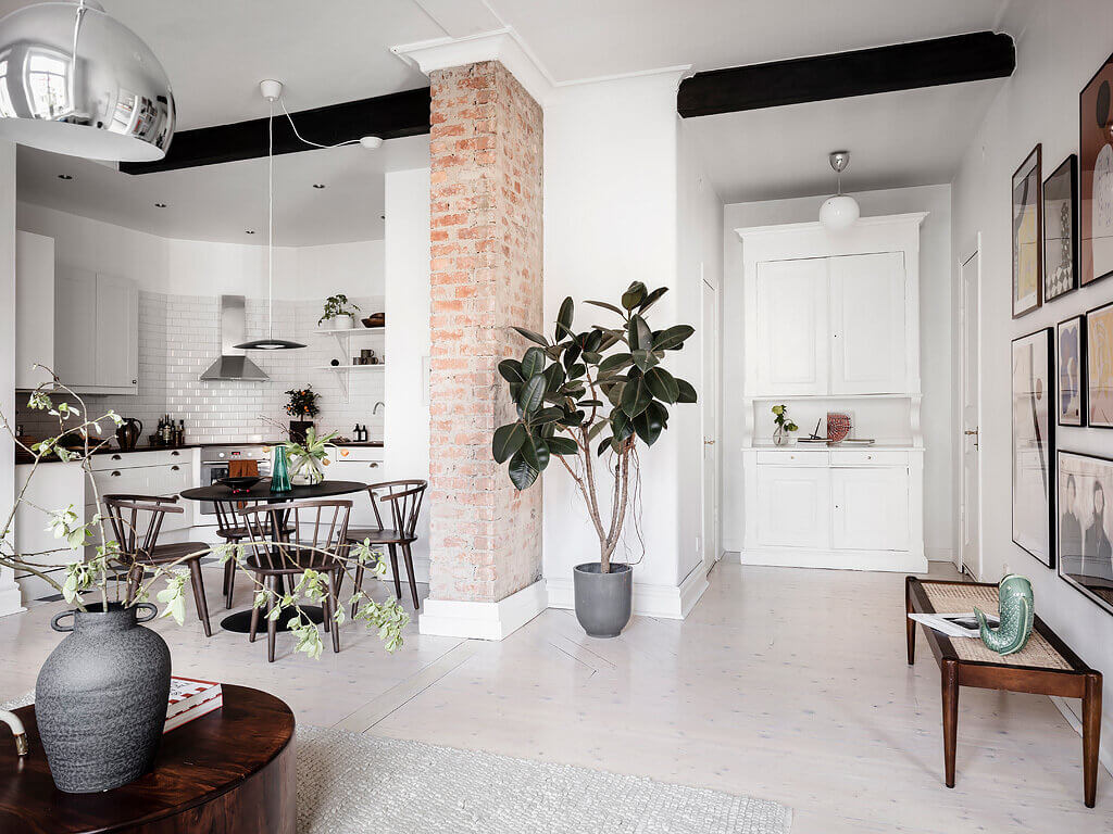 scandinavian apartment exposed brick nordroom8 A Scandinavian Apartment with Exposed Brick Wall and Colorful Touches