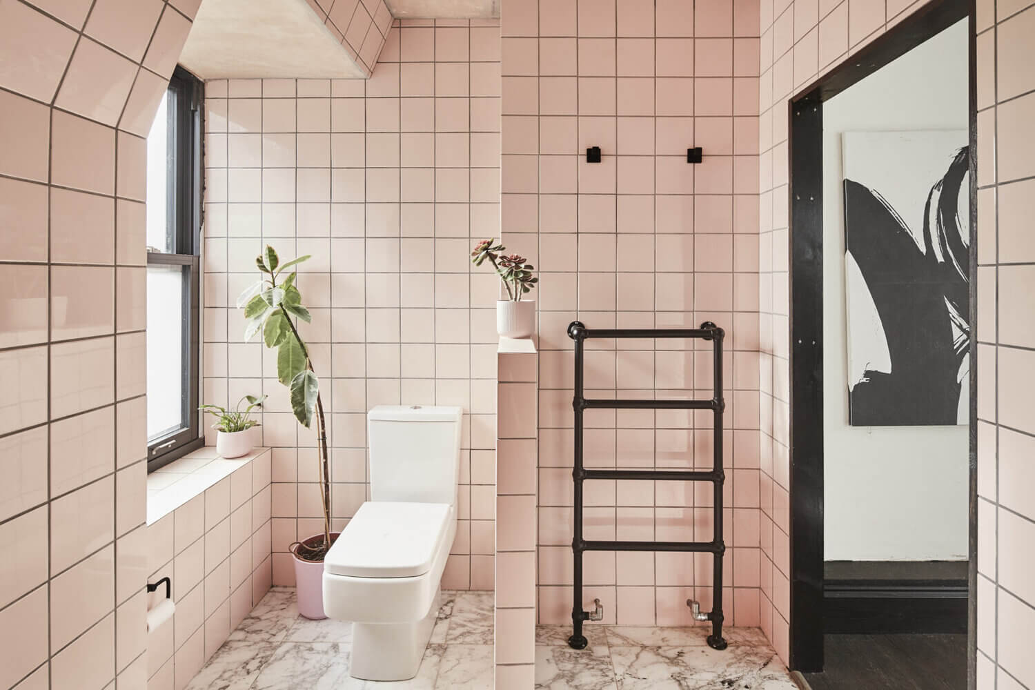 neutral art filled victorian home nordroom15 89 Pink Bathroom Ideas: From Hot Pink Walls to Blush Tiles