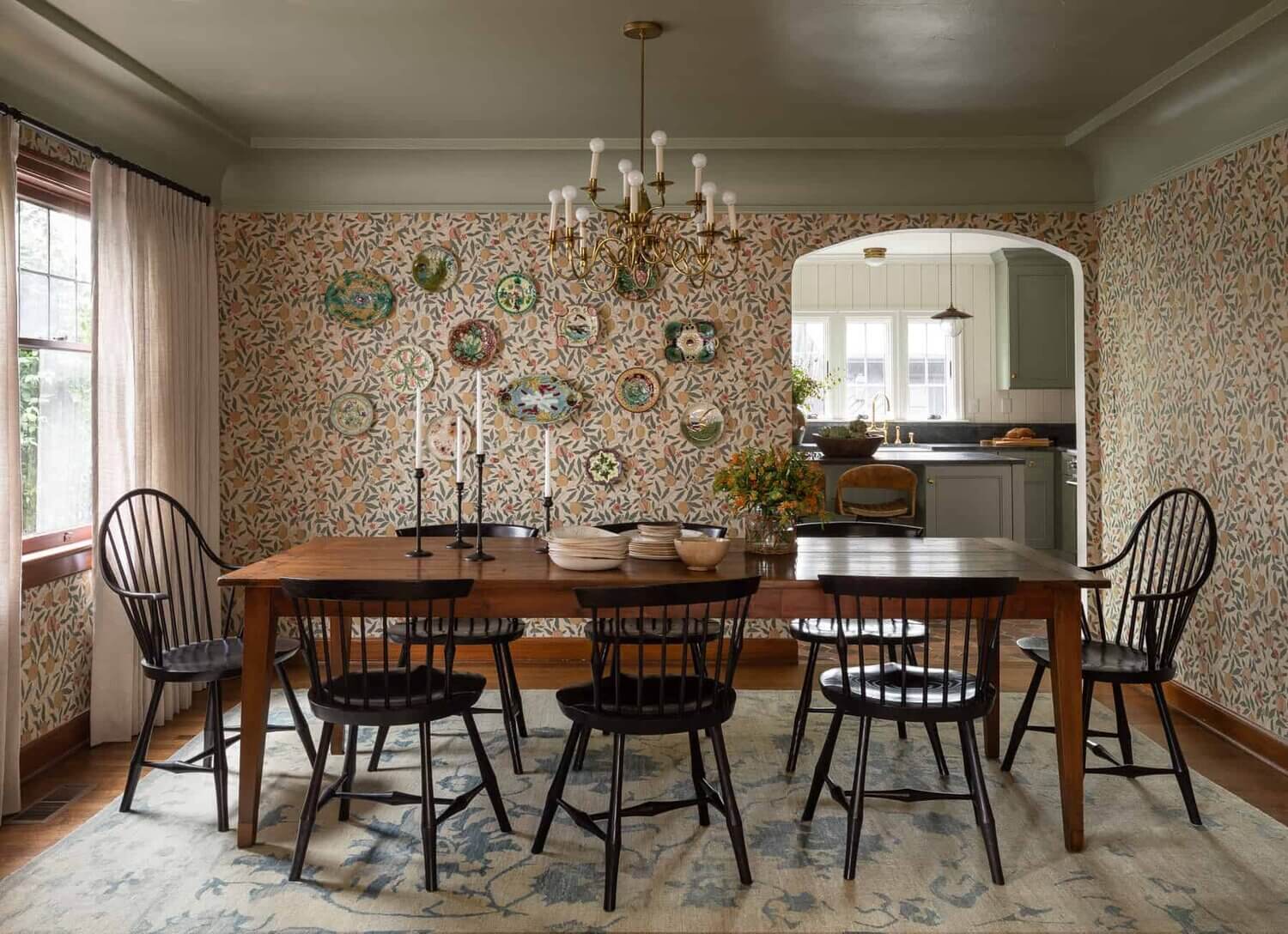 Diningroomwithvinatgefarmtableandcolorfulwallpaper TheNordroom Soothing Colors in Designer Heidi Caillier's Eclectic Washington Home