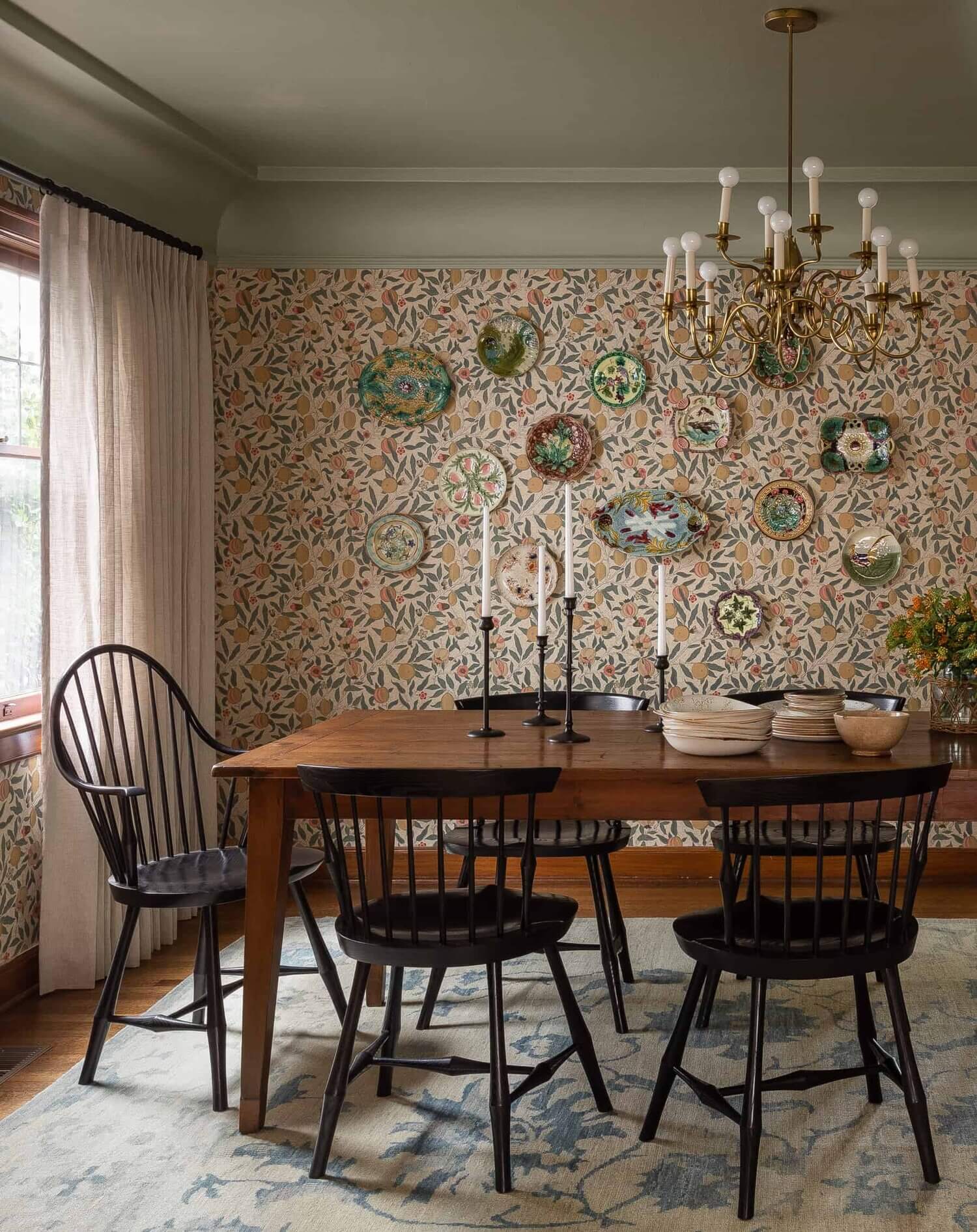 Diningroomwithvinatgefarmtableandcolorfulwallpaper TheNordroom1 Soothing Colors in Designer Heidi Caillier's Eclectic Washington Home