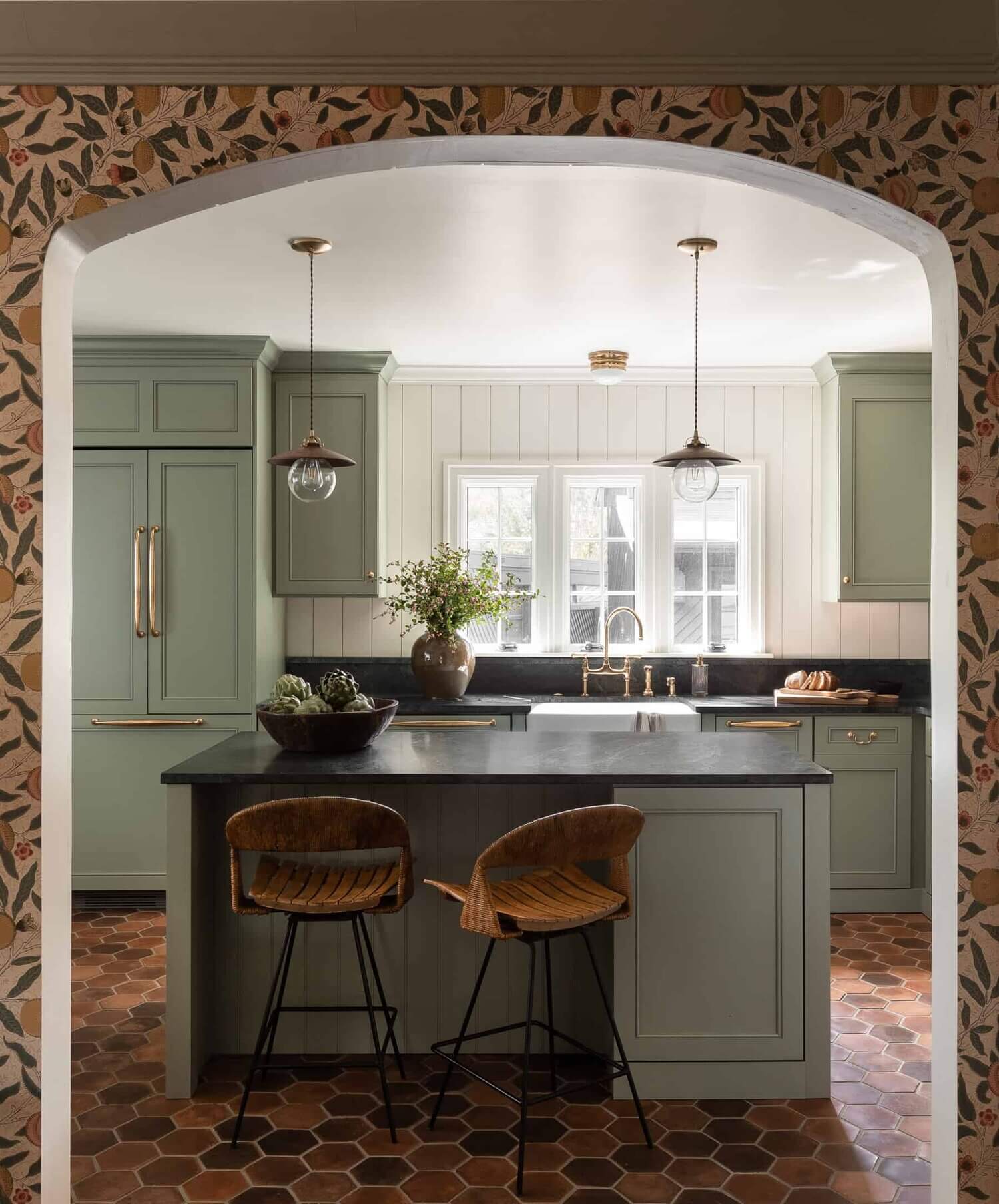 green kitchen terracotta floor nordroom Soothing Colors in Designer Heidi Caillier's Eclectic Washington Home