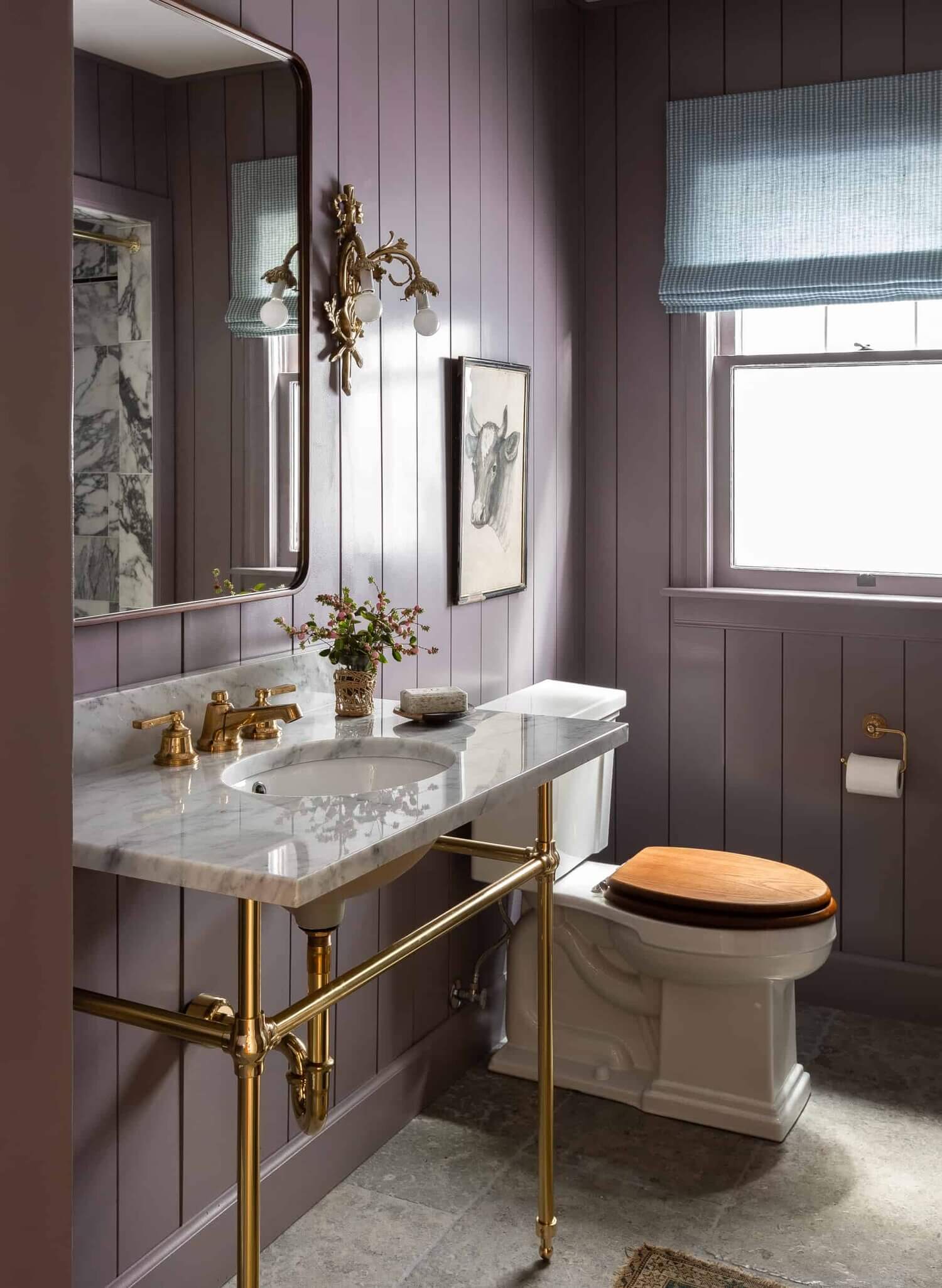 purplecladdedpowderroomwithmarblesinkindesignerHeidiCailliersWashingtonhome TheNordroom Soothing Colors in Designer Heidi Caillier's Eclectic Washington Home