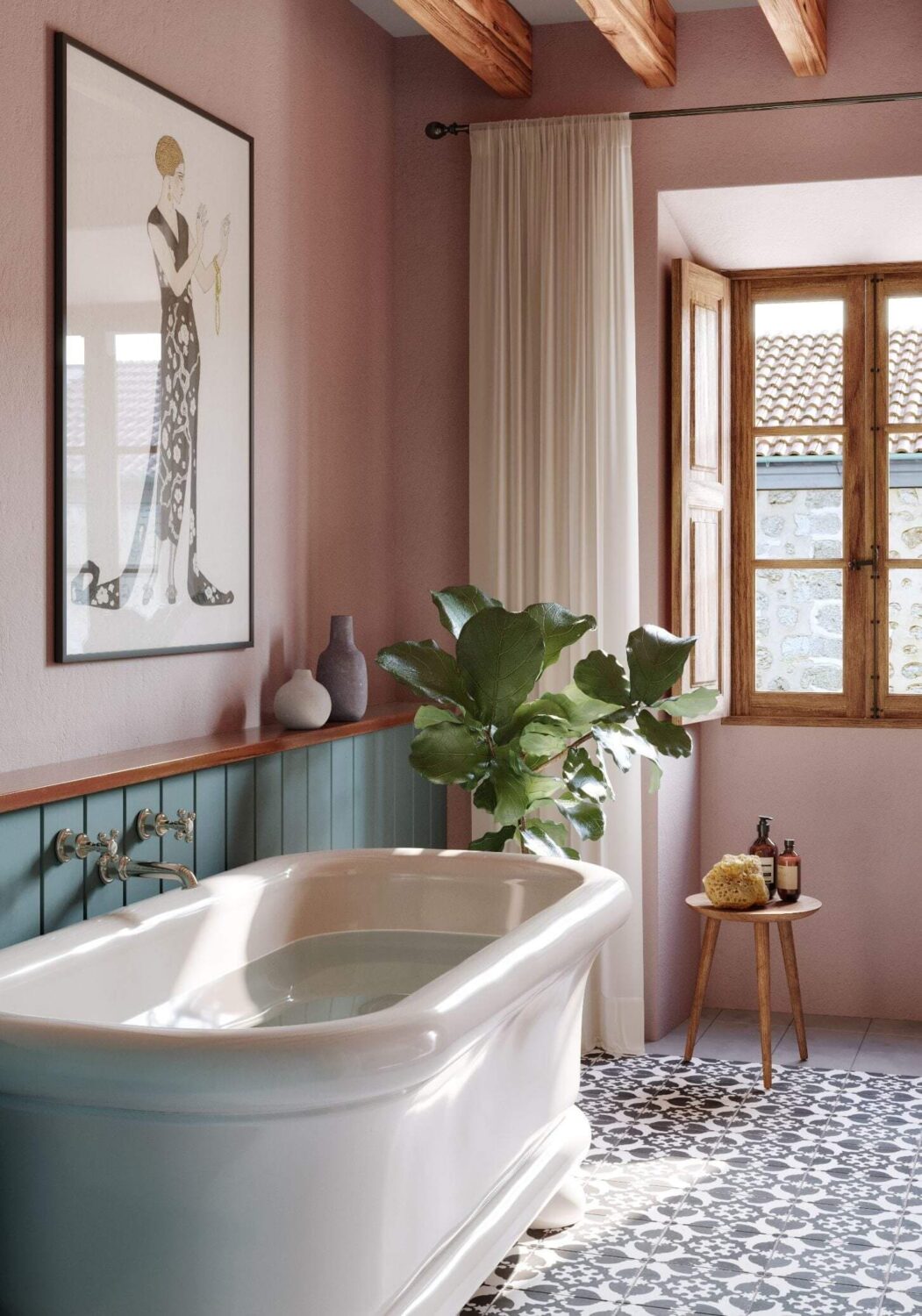 bathroom pink walls blue tiles