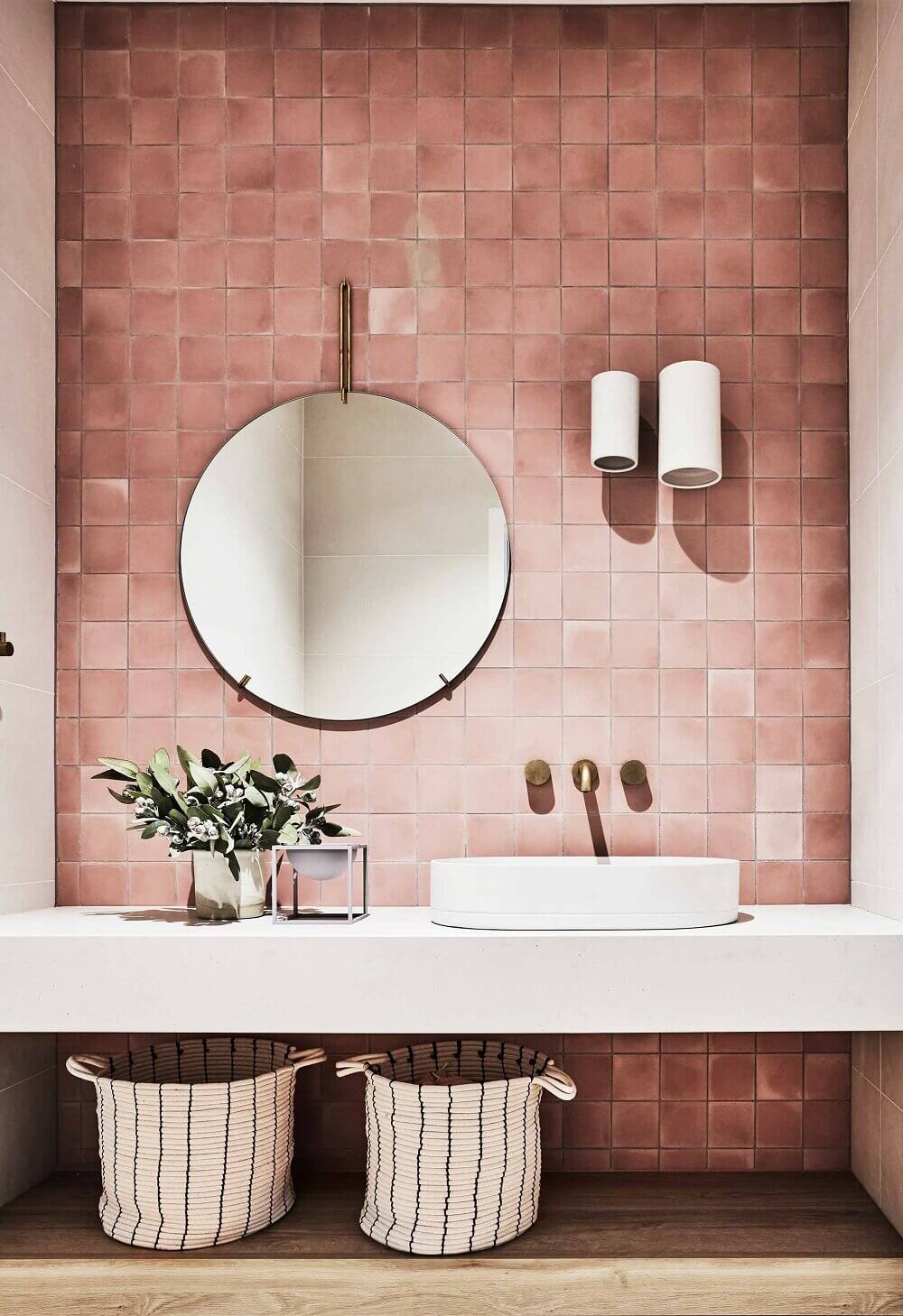 PinkBathroomwithRoundMirror TheNordroom 89 Pink Bathroom Ideas: From Hot Pink Walls to Blush Tiles