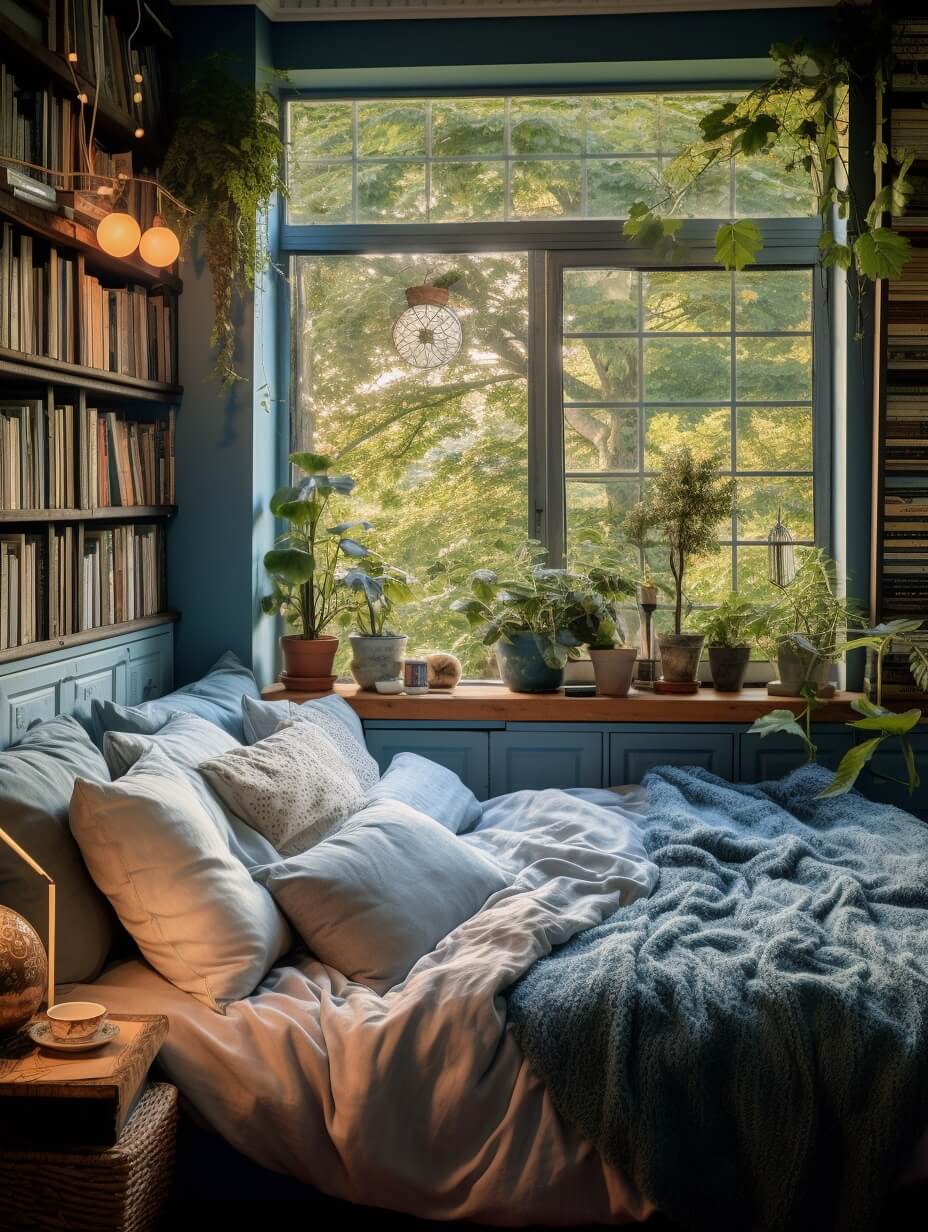 cozy bedroom with bed under window and bookcases