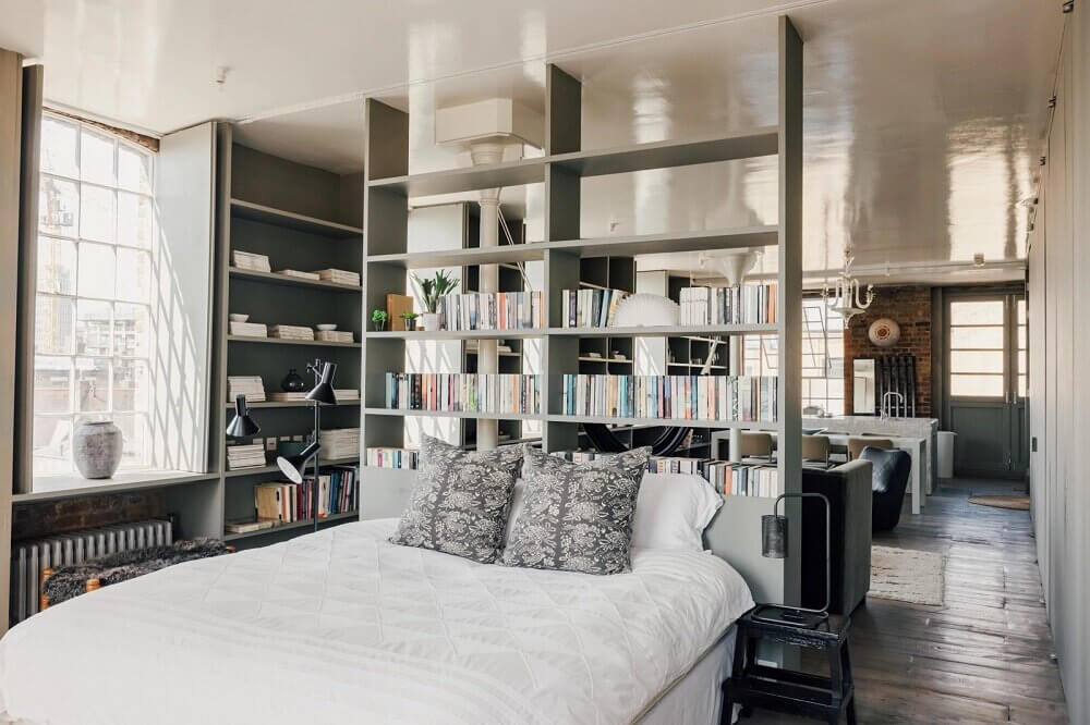 london-loft-ilse-crawford-vincent-van-duysen-grey-bookshelves-kitchen-island--zellige-tiles-brick-wall-victorian-warehouse-conversion-nordroom