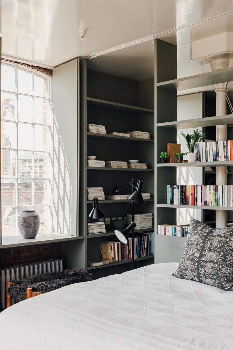 london-loft-ilse-crawford-vincent-van-duysen-grey-bookshelves-kitchen-island--zellige-tiles-brick-wall-victorian-warehouse-conversion-nordroom