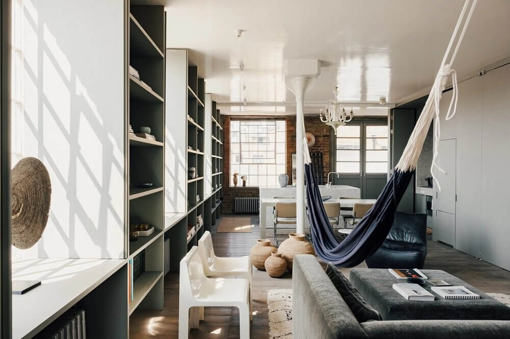 london-loft-ilse-crawford-vincent-van-duysen-grey-bookshelves-hammock-nordroom