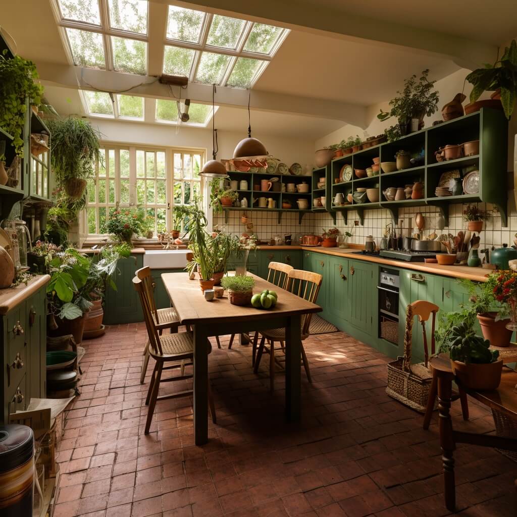 cottage_kitchen_with_green_cabinets_plants_nordroom