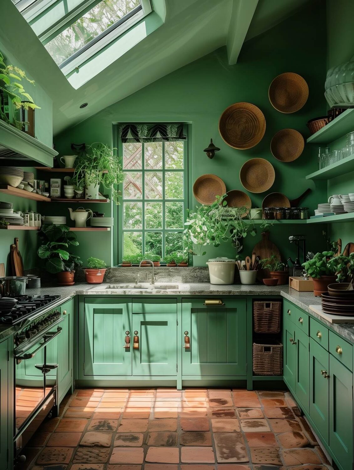 cozy green cottage kitchen with shelves terracotta floor and skylight nordroom