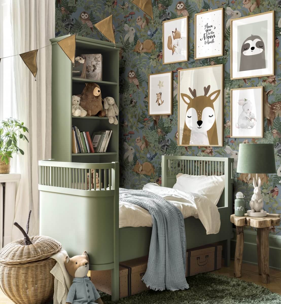 gender neutral nursery with animal wallpaper and posters nordroom