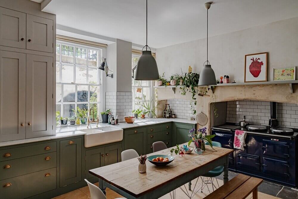 dark green farmhouse kitchen
