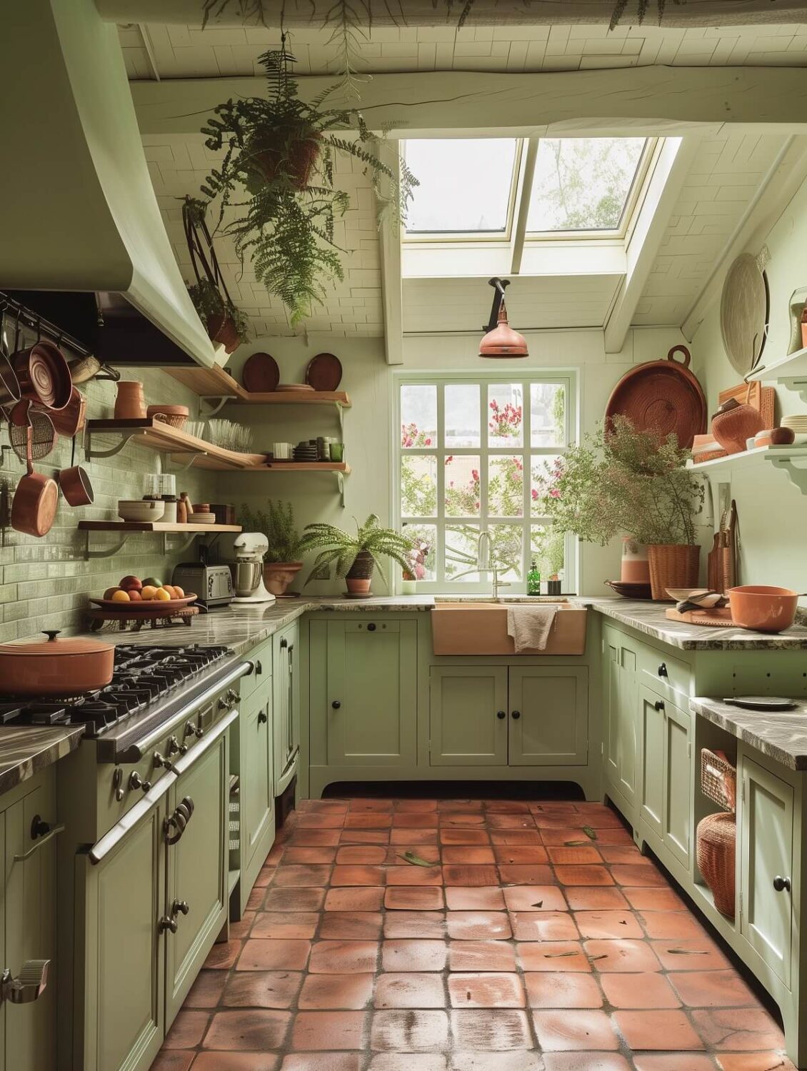 mint green cottage kitchen with terracotta floor