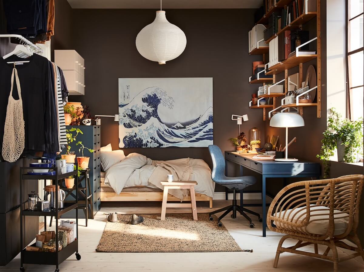 ikea-bedroom-double-desk-behind-bed-shelves-nordroom