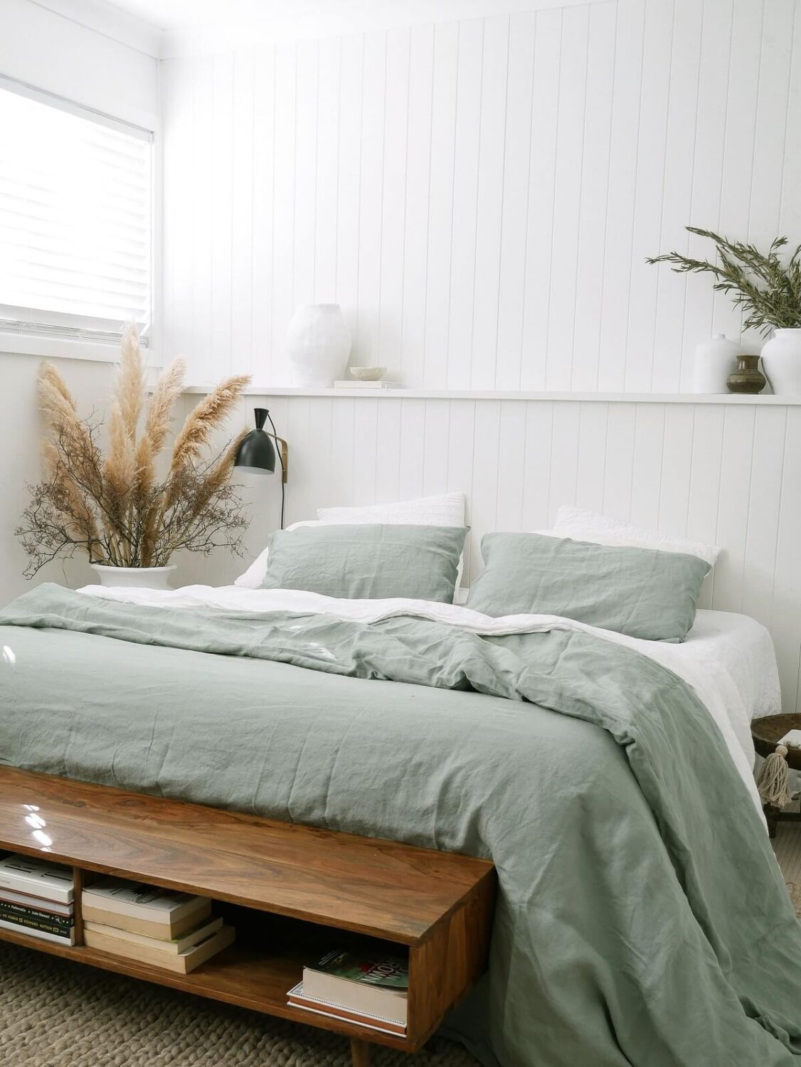 sage green white bedroom nordroom Benjamin Moore Color of the Year 2022: October Mist