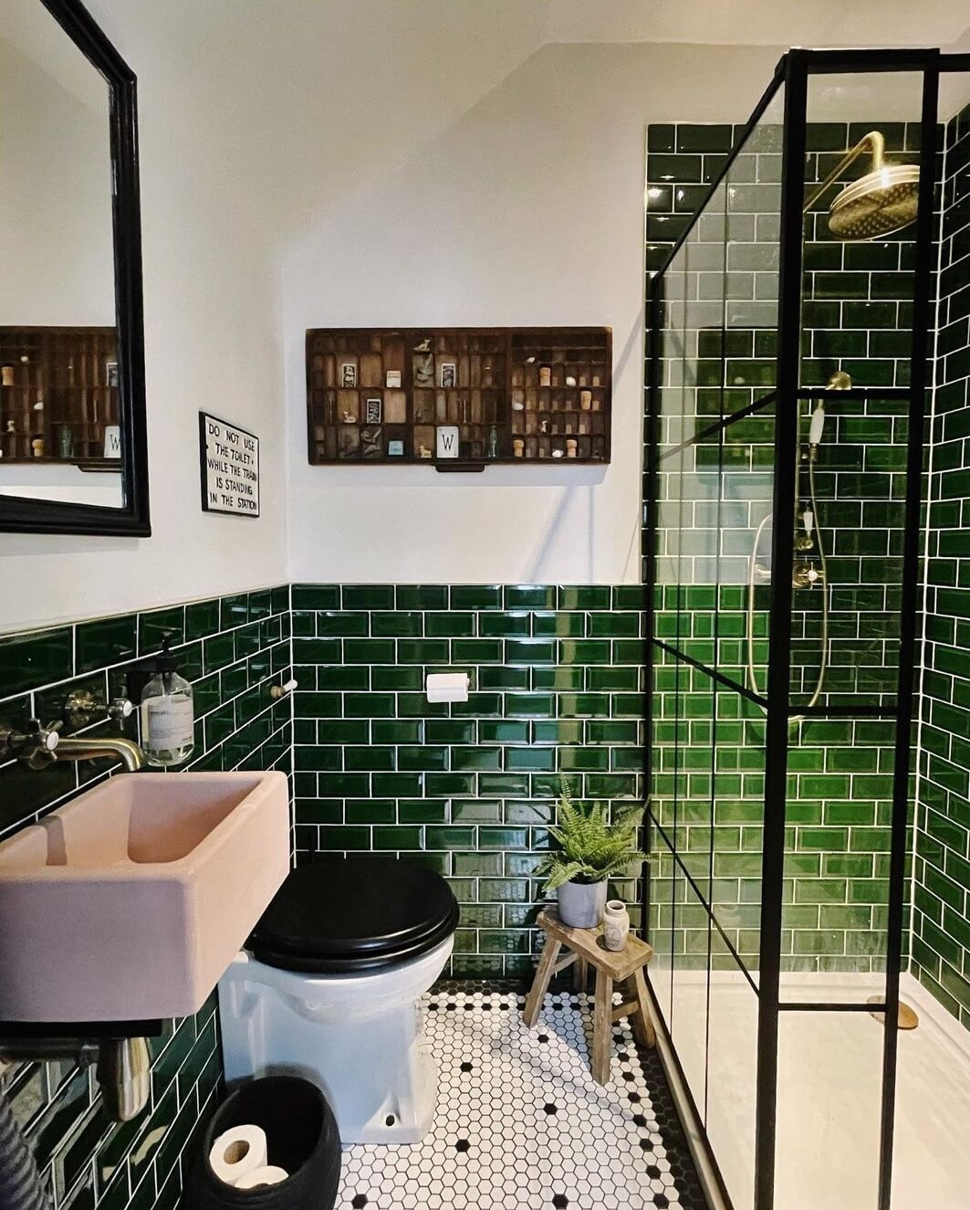 tiny-bathroom-glossy-green-tiles-industrial-shower-door-black-white-floor-tiles-nordroom