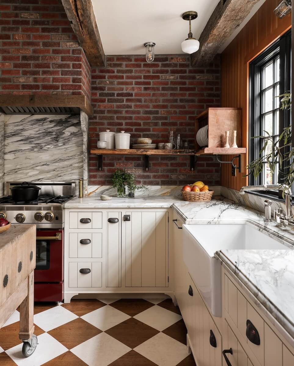 farmhouse-style-kitchen-exposed-brick-checkerboard-floor-nordroom