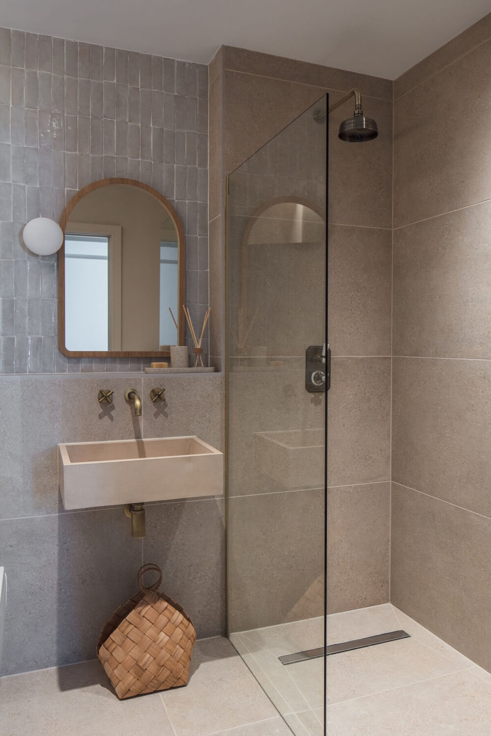 small bathroom gray tiles walk in shower nordroom
