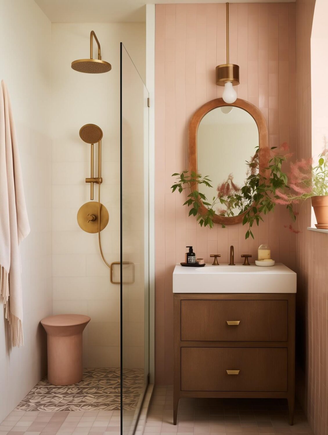 tiny bathroom with shower and pink tiles nordroom