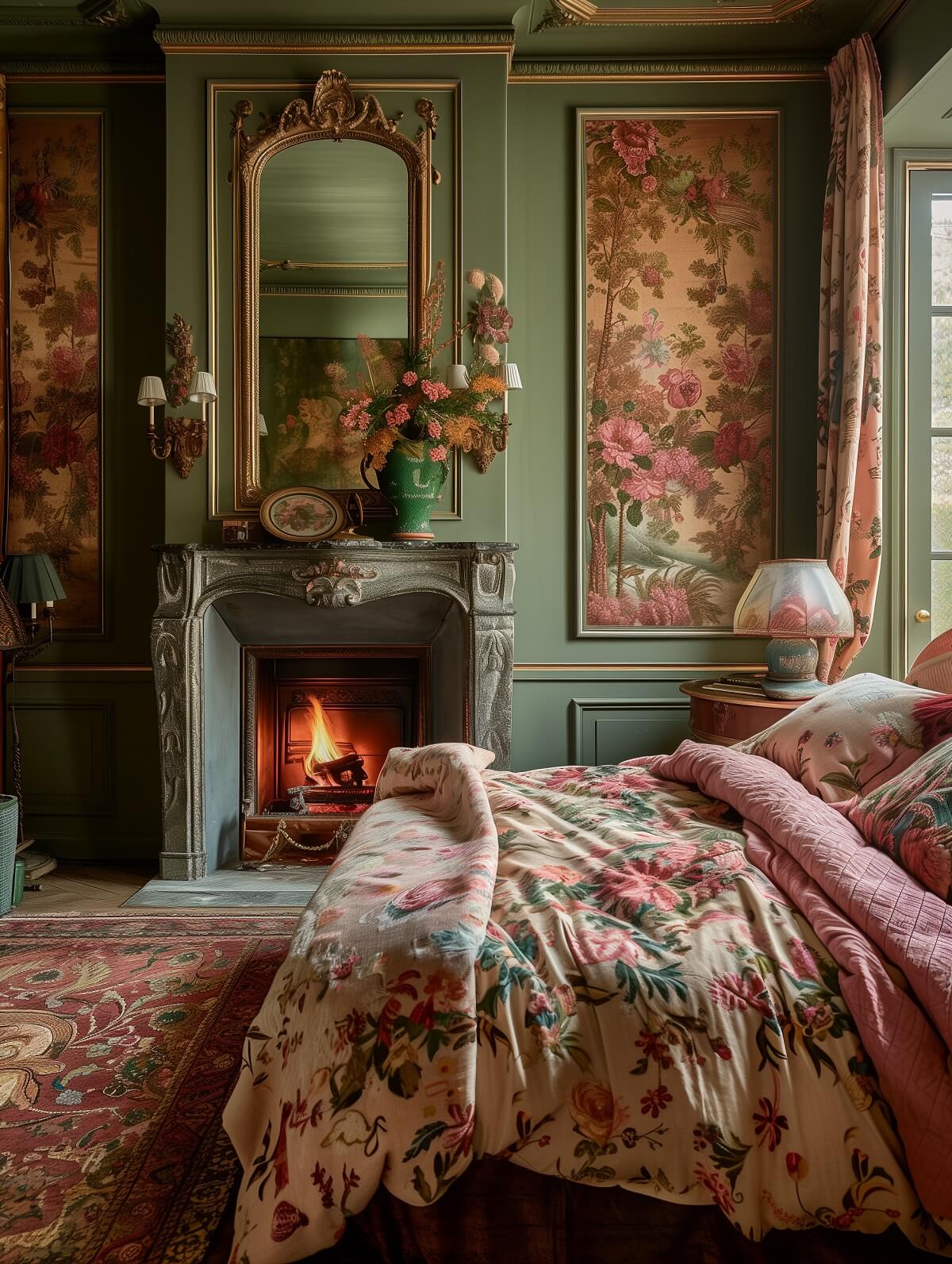 colorful floral parisian bedroom with fireplace and mirror nordroom