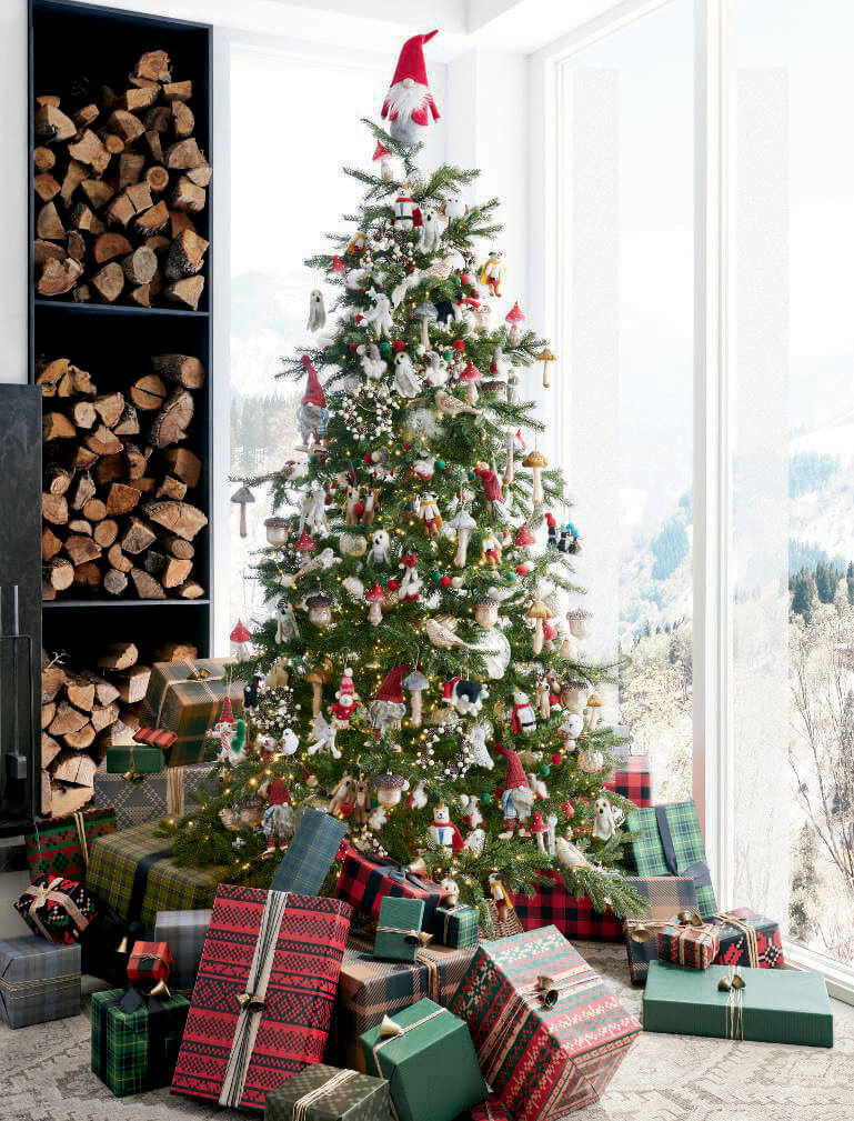 red green christmas tree nordroom A Modern Rustic Home Decorated for Christmas