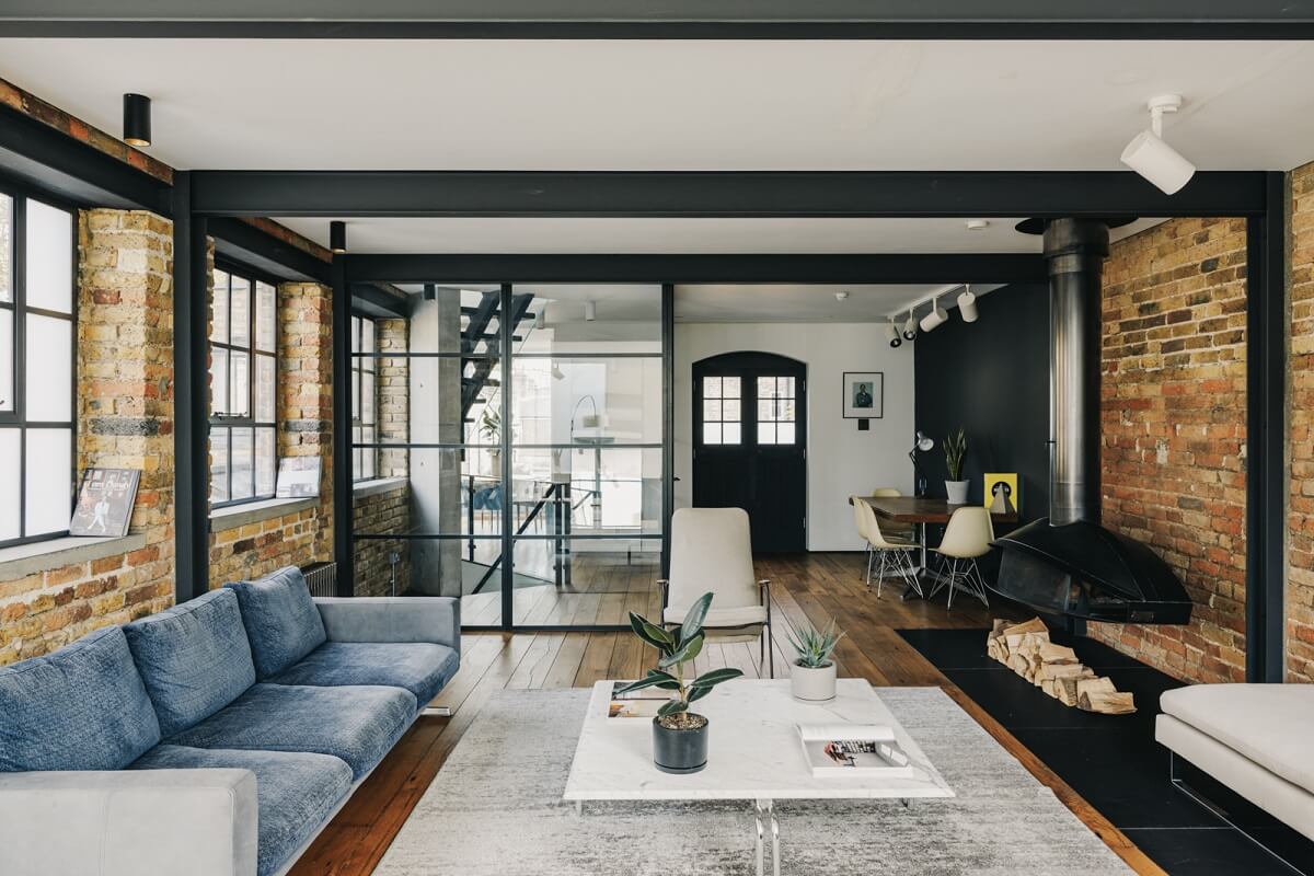 An Industrial Warehouse Conversion in London 1 living-room-exposed-brick-walls-steel-framed-doors-nordroom