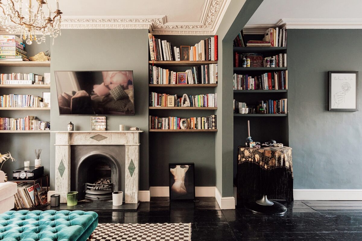 victorian-sitting-room-black-floor-bookshelves-fireplace-nordroom