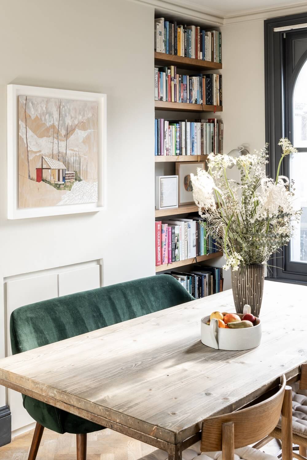 dining-table-velvet-bench-bookshelves-nordroom