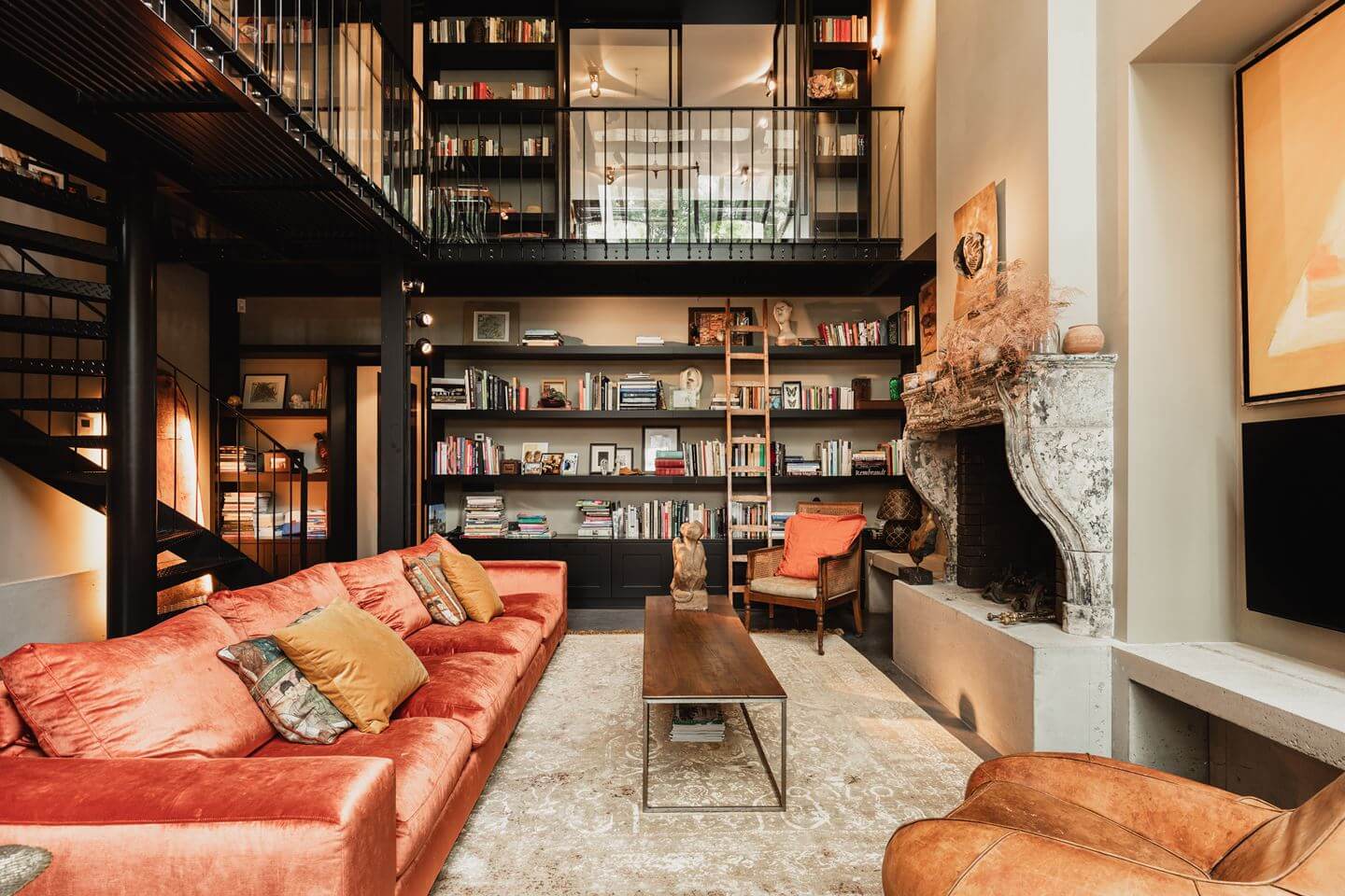 double-height-living-room-home-library-fireplace-industrial-loft-townhouse-amsterdam-nordroom